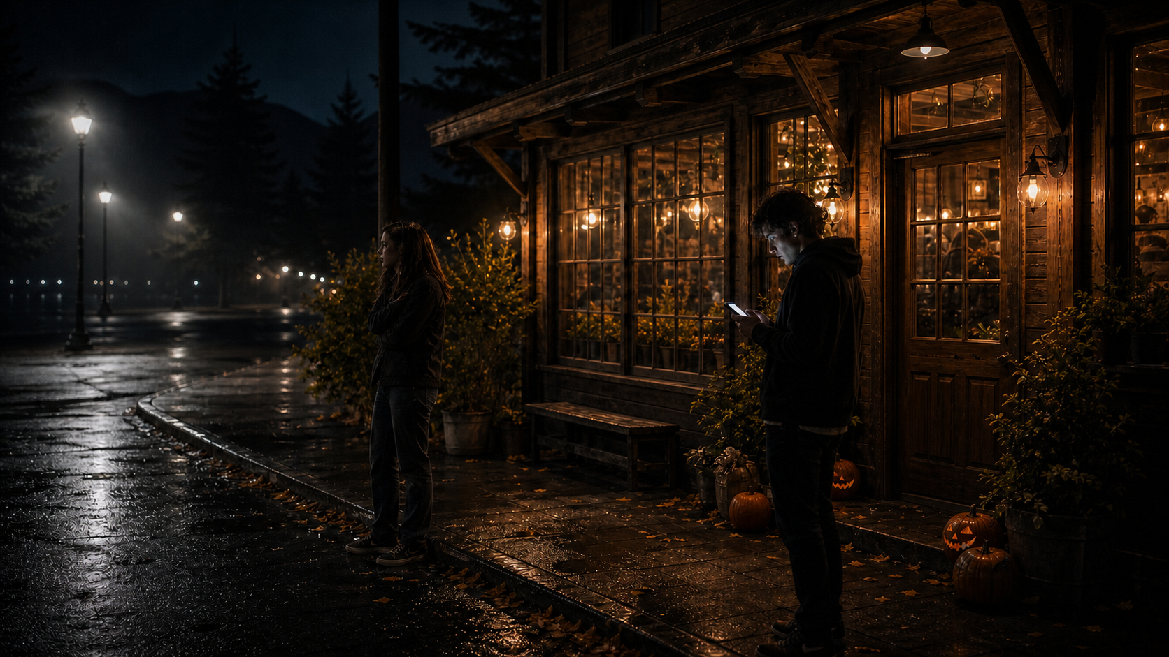 People outside The Evergreen at night