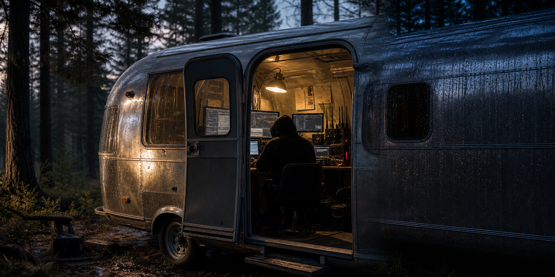 Hacker working inside a trailer in the woods